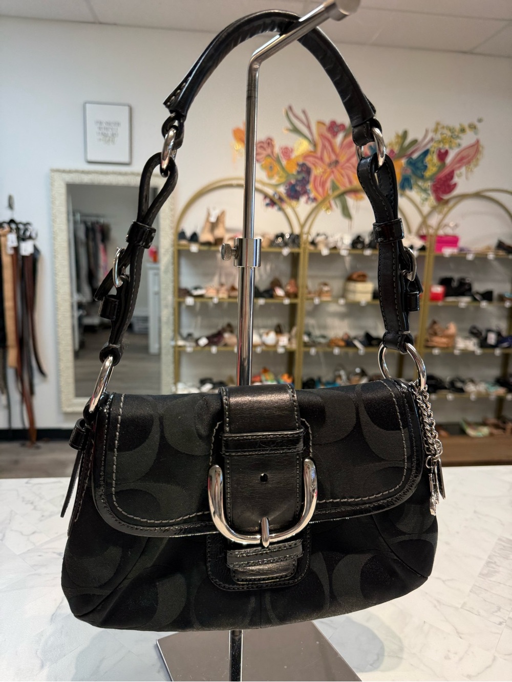 Vintage Coach Black Flap Shoulder Bag Style 12678 Y2K Canvas with Leather Trim
